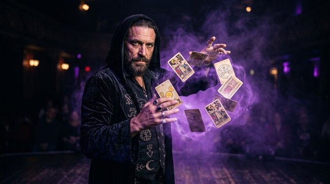 Mysterious man in dark robes conjures tarot cards with purple smoke and occult symbols for Halloween