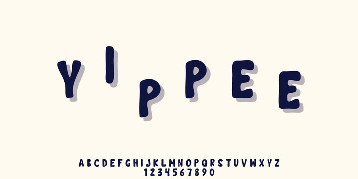 Yippee is an energetic, bouncy, and cute handwritten cartoon display vector font featuring bold letterforms with a soft drop shadow. Perfect for comic books, children's party invitations, game UI