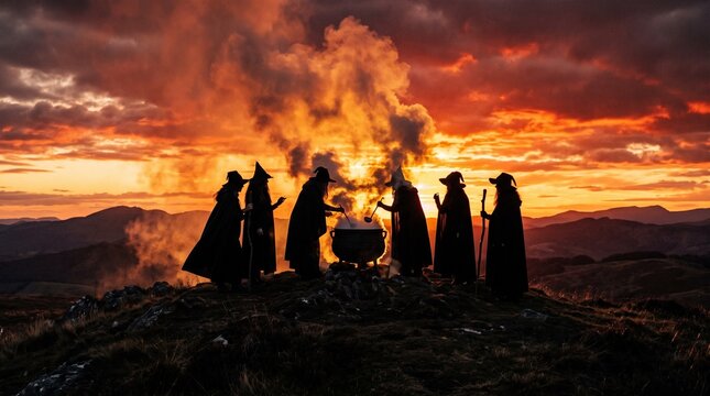 Witches gather on a hilltop at sunset stirring a cauldron during a Halloween ritual