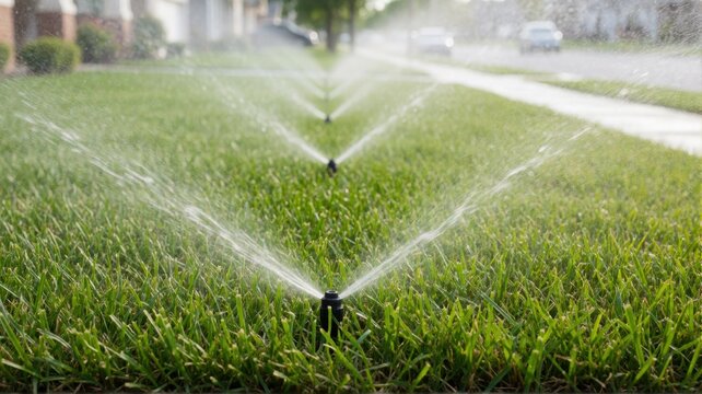 A line of irrigation sprinklers actively spraying water across a lush green residential front lawn.