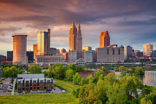 Cleveland, Ohio, USA. Aerial cityscape image of Cleveland, Ohio at beautiful summer sunset.