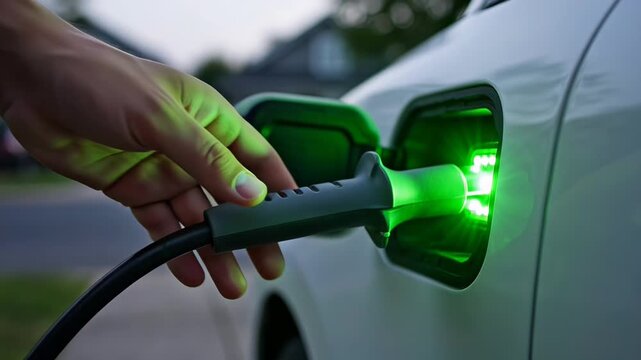 ?Charging an electric vehicle at dusk: closeup of plug connection and activation