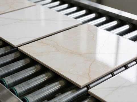 Ceramic floor tiles with a marble pattern moving along a metal roller conveyor belt in a factory.