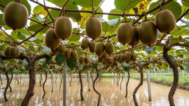 A sprawling kiwi fruit orchard is cultivated over a flooded field with many hanging ripe kiwi fruits.