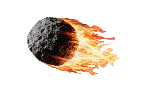 Dark gray asteroid burning with orange flames, isolated on transparent background
