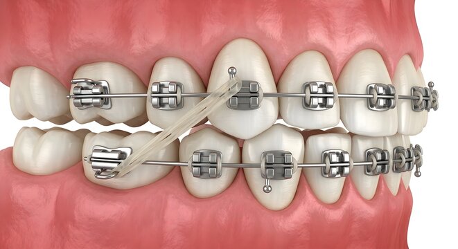 Detailed 3D Medical Illustration of Orthodontic Braces and Elastic Rubber Band for Bite Correction