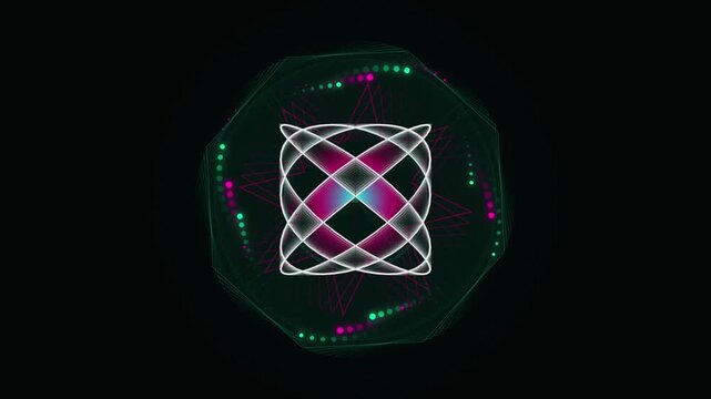 Motion graphics animation of glowing abstract geometric patterns with neon glow on dark modern background for broadcast commercial, corporate promo, and marketing video