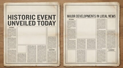 Fototapeta premium Vintage newspaper front page announcing major historic event with black bold headlines and retro typography