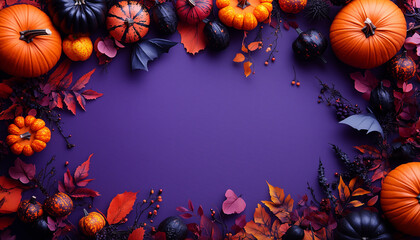 Fototapeta premium Halloween flat lay background with pumpkins and autumn leaves