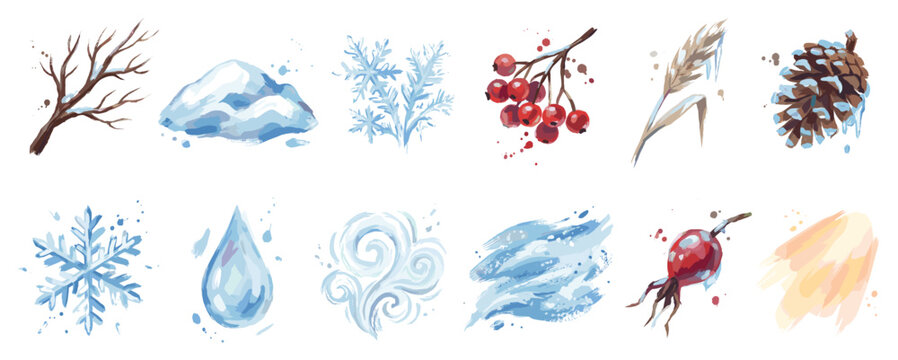 Winter elements icons set. Cold weather and nature concept. Includes bare branch, snowdrift, frosty plant, rowan berries, wheat ear, pine cone, snowflake, water drop, wind swirl, rose hip,