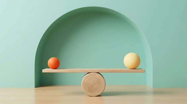 Two colorful spheres balanced on a wooden seesaw against a green wall background
