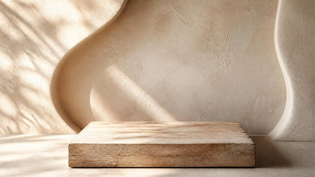 Rustic Wooden Podium with Organic Beige Textured Wall and Leaf Shadows
