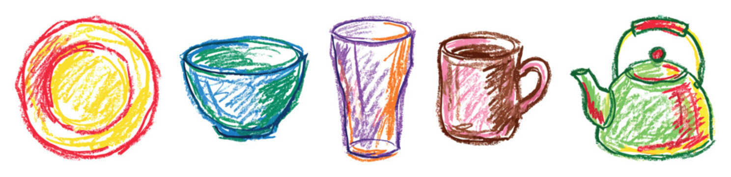Kitchenware icons set. Everyday household objects concept. Includes plate, bowl, drinking glass, coffee mug, and teapot. Hand-drawn crayon style