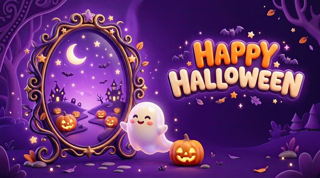 Whimsical happy halloween card: cute ghost, glowing pumpkins, ornate mirror reflecting spooky enchanted forest, vibrant purple.