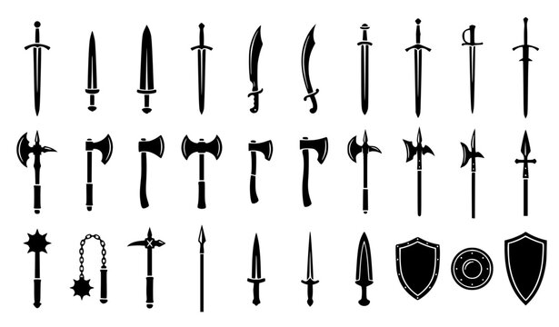 Black Medieval Sword and Axe Silhouette Collection Editable Vector Set