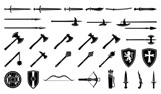Medieval Sword Axe Spear and Shield Black Silhouette Vector Collection