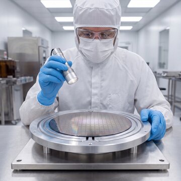 Cleanroom technician inspects silicon photonics wafer