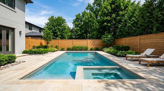 Modern backyard swimming pool with lounge chairs and hot tub on a sunny day