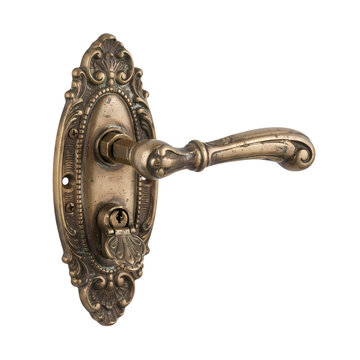 Antique brass door handle with ornate vintage backplate isolated on white background