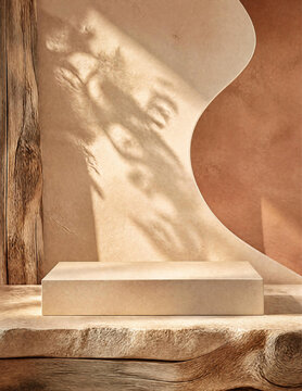 Stone Podium on Rustic Wood with Terracotta and Beige Organic Background