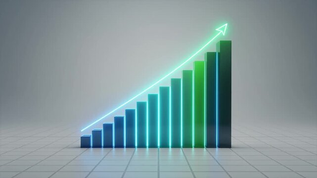 A clean digital motion graphic of multiple vertical bars rising sequentially from left to right, showing business growth