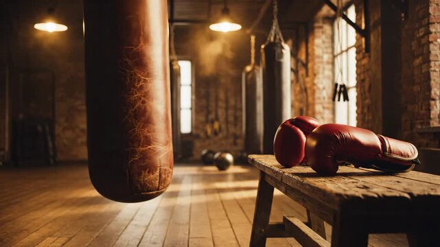 Red boxing gloves on wooden bench in vintage gym interior