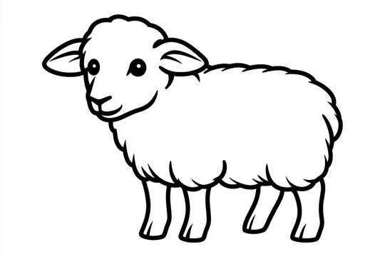 Minimalist Black Outline Illustration Of A Cute Cartoon Sheep Isolated On A Plain White Background