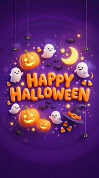 A cute 3d illustration for a happy halloween greeting card, featuring cheerful pumpkins, friendly ghosts, and a witch hat on a vibrant dark purple background, ideal for a festive letter.