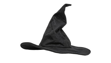 Dark grey felt witch hat with pointed crown, isolated on transparent background © Piotr