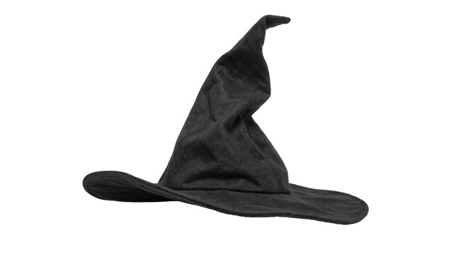 Dark grey felt witch hat with pointed crown, isolated on transparent background