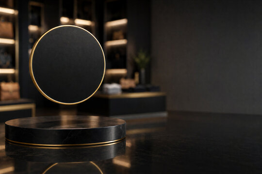 Black Friday Sale Blank Round Sign Mockup with Gold Rim and Marble Display Pedestal