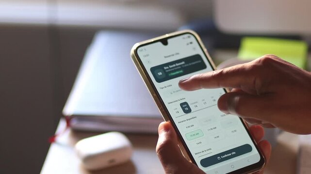 Close up of a person's hands holding a smartphone and using an app to schedule a virtual doctor's appointment online