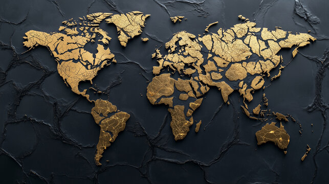 어두운 콘크리트 배경 위 우아한 골드 질감 세계지도, Elegant gold texture world map on dark concrete background