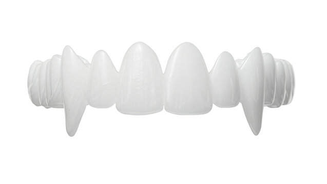White vampire fangs with ribbed gum line, isolated on transparent background