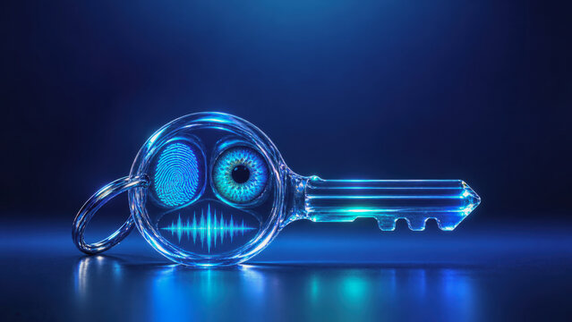Biometric security key with fingerprint scanner, eye iris, and audio wave verification