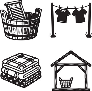 Set of laundry icons including washboard, clothesline, folded linens, and laundry basket naive style