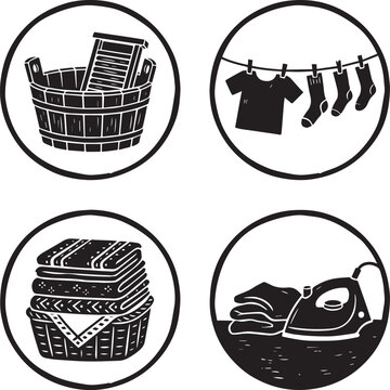 Set of laundry icons including washing, drying, folding, and ironing clothes naive style