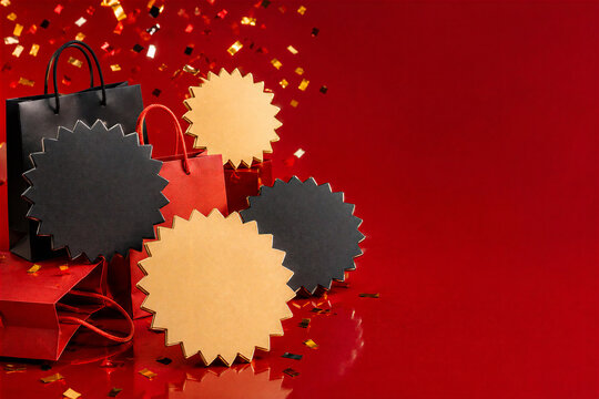 Black Friday Cyber Monday Sale Blank Discount Badges with Shopping Bags and Confetti