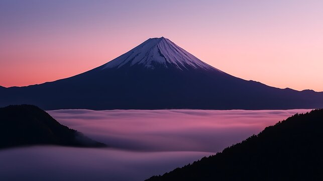 Majestic snow-capped peak above clouds during pink sunset