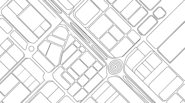 City map outline with urban blocks and streets viewed from above in black strokes on white background creating a clean layout structure