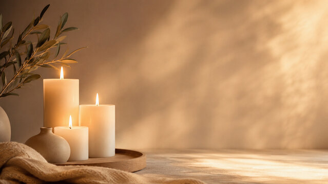 Warm candlelight wellness still life with glowing candles, olive branches, soft shadows and peaceful copy space for relaxation concepts