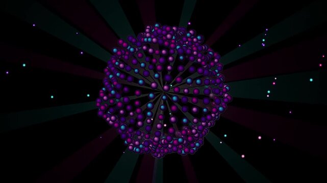 A metallic 3D disco ball rotates on a multi-axis matrix, casting vibrant magenta starburst flares and shimmering light rays. This undulating procedural motion loop is ideal for VJ backplates, music vi