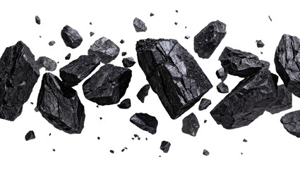Many rough black coal chunks scattered in mid-air, isolated on transparent background © Piotr