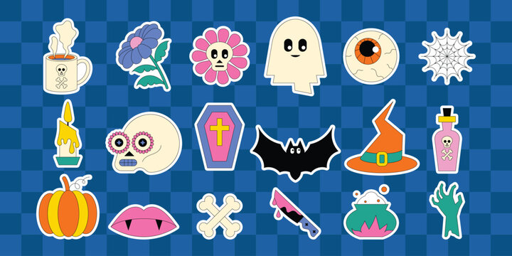 Retro groovy halloween sticker set