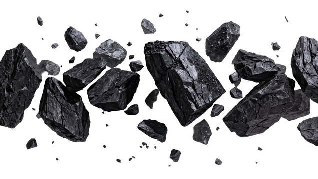 Many rough black coal chunks scattered in mid-air, isolated on transparent background