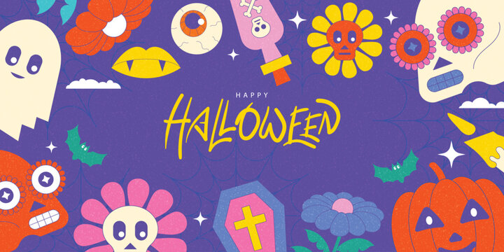 Retro groovy halloween purple banner