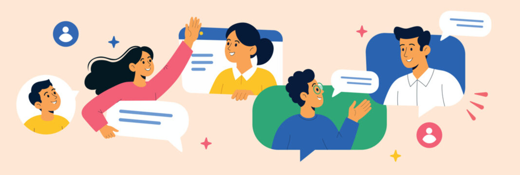 Online Communication and Video Conference with Virtual Team, Remote Work Collaboration and Social Networking Vector Illustration