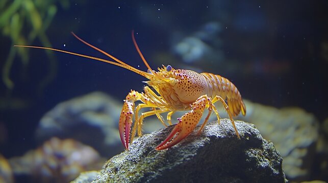 A close-up view of an orange crayfish perched on a rock in an aquarium with a blue background.