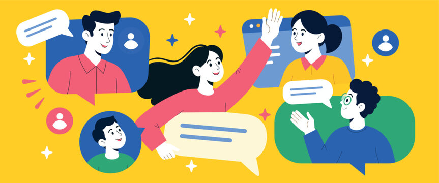 Online Communication and Virtual Team Collaboration, Video Conference and Remote Work Vector Illustration
