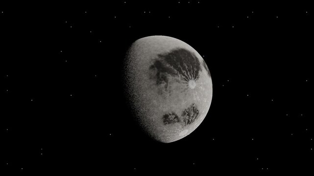 Authentic 3D Moon with accurate lunar maria topography, Tycho crater ray ejecta, Lommel-Seeliger scattering, continuous time-based axial rotation, and balanced cinematic framing in 16:9 widescreen.